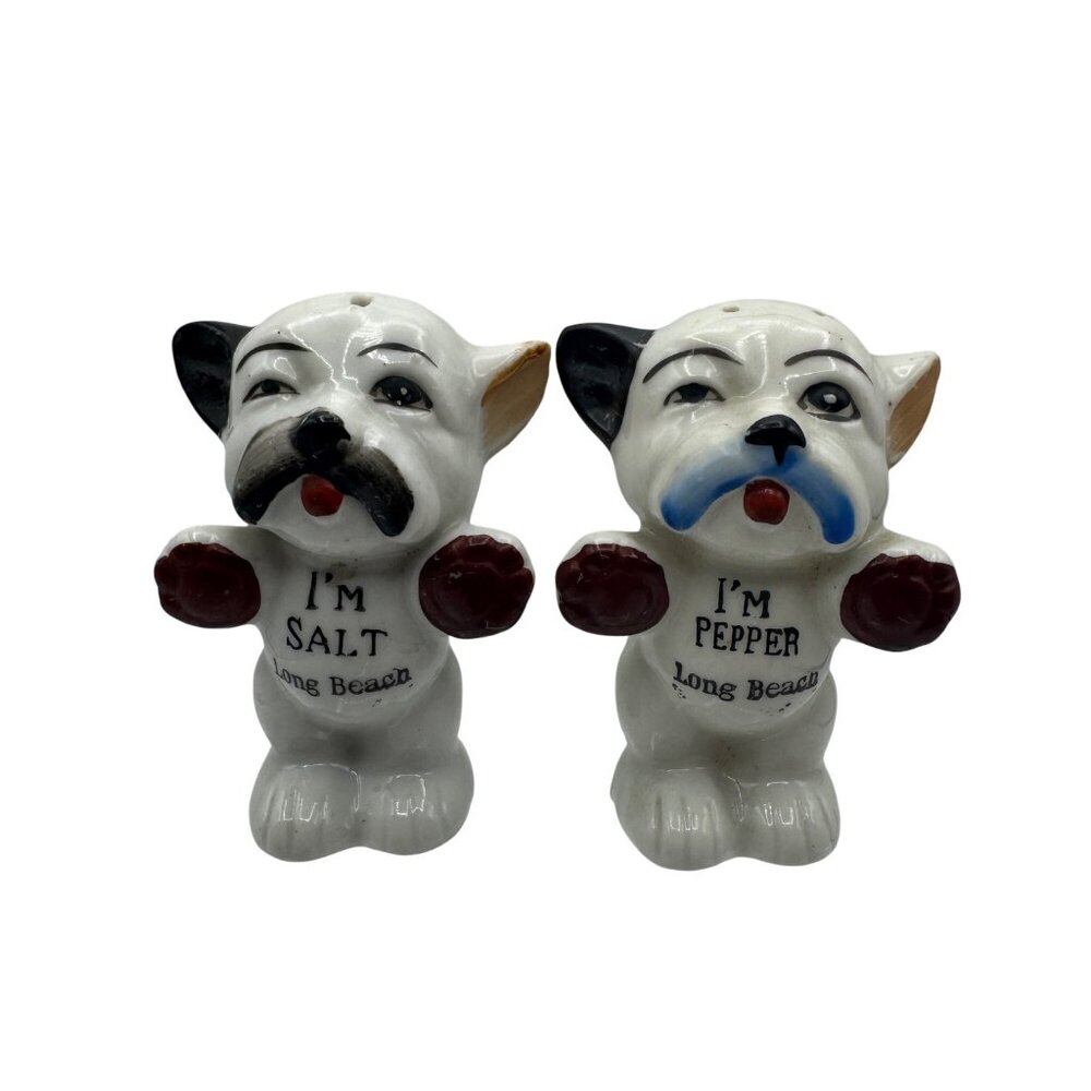 Vintage Bonzo Dog Themed Ceramic Salt & Pepper Shakers Long Beach Souvenirs